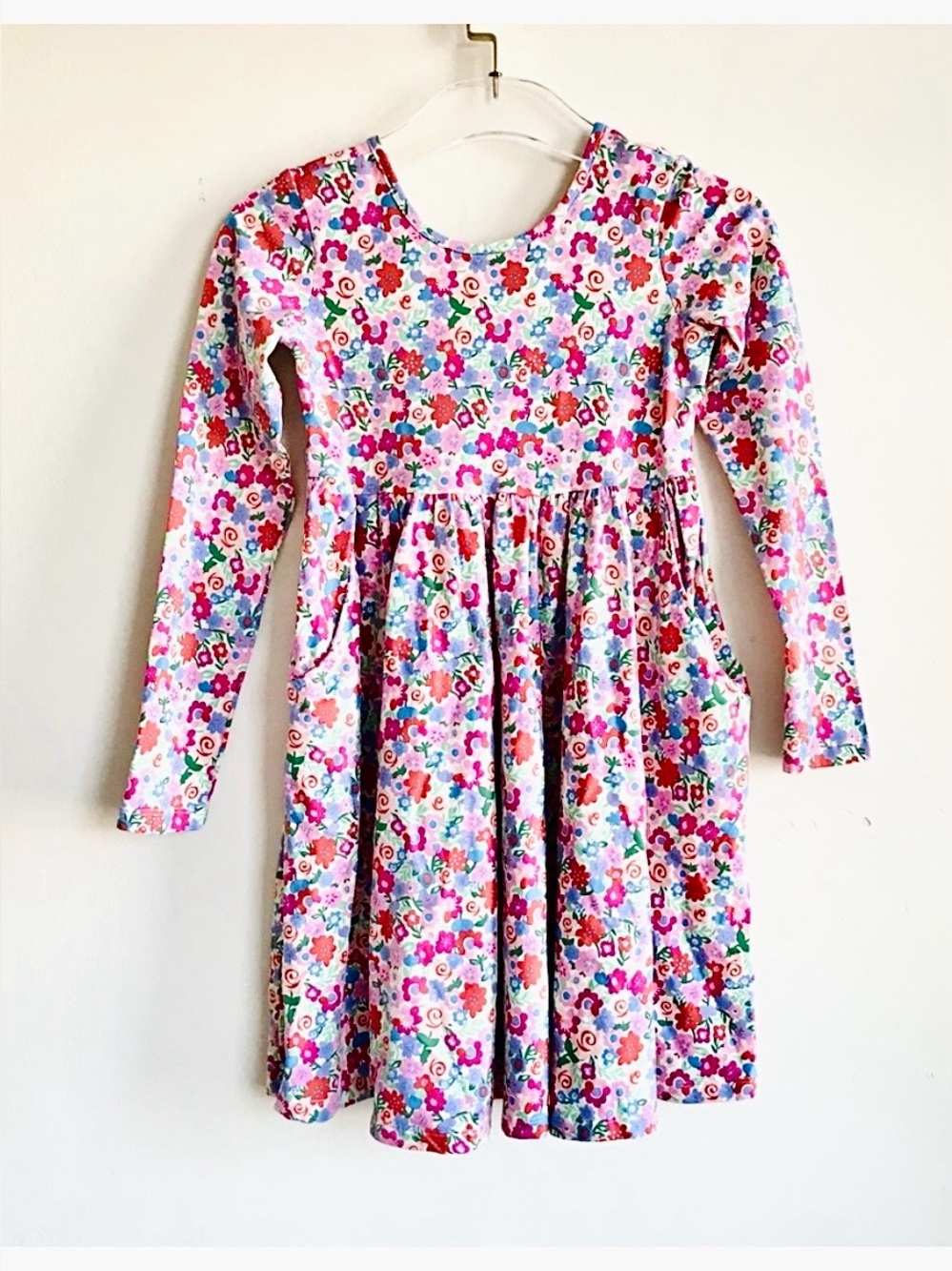 Hanna Andersson Long Sleeve Skater Dress Pockets Floral Kids Pink Red 140cm 10